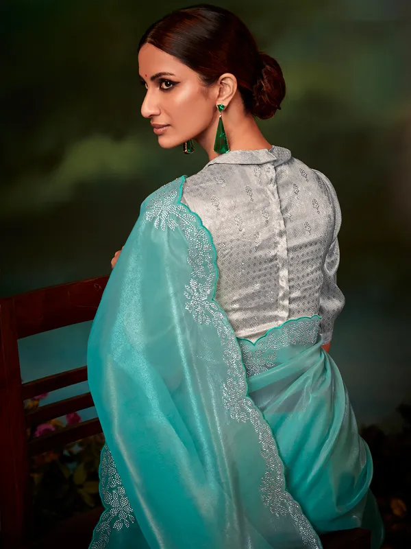 Trendy aqua organza saree for wedding