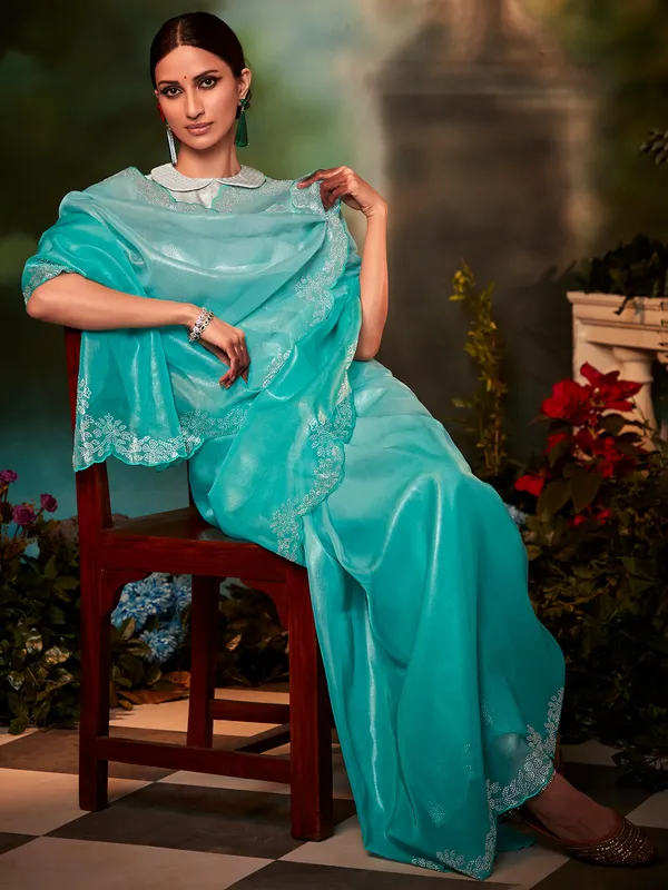 Trendy aqua organza saree for wedding