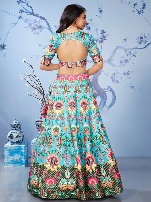 Trendy aqua printed lehenga choli in silk