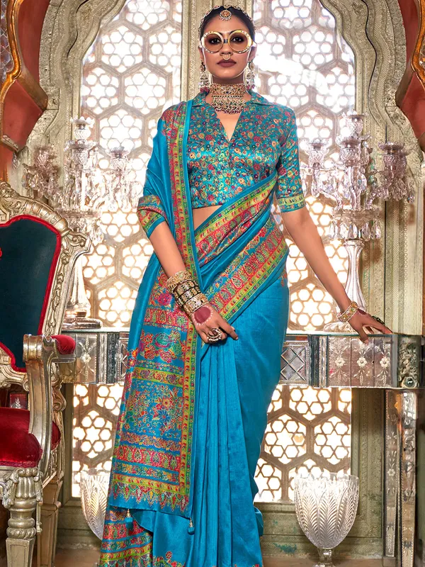Trendy aqua printed viscose saree