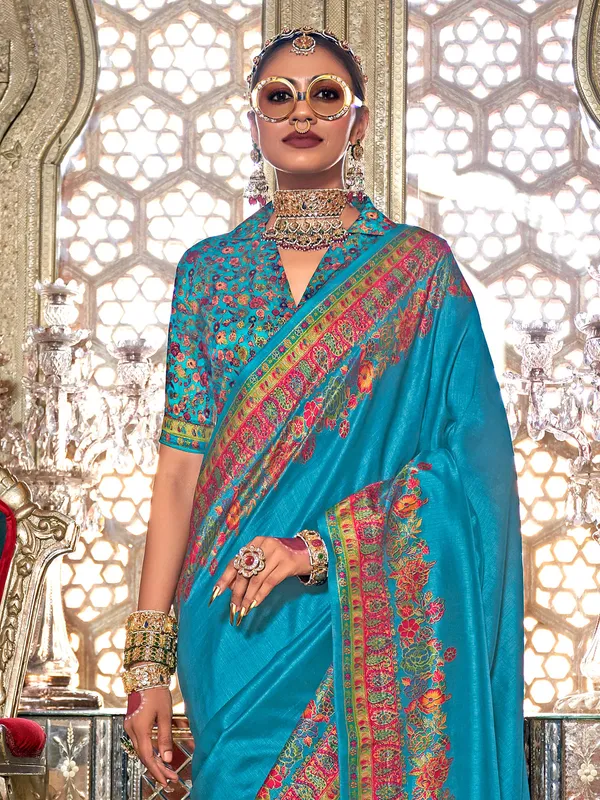 Trendy aqua printed viscose saree