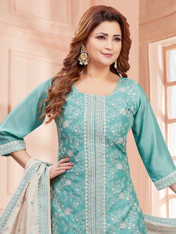 Trendy aqua salwar suit with contrast dupatta