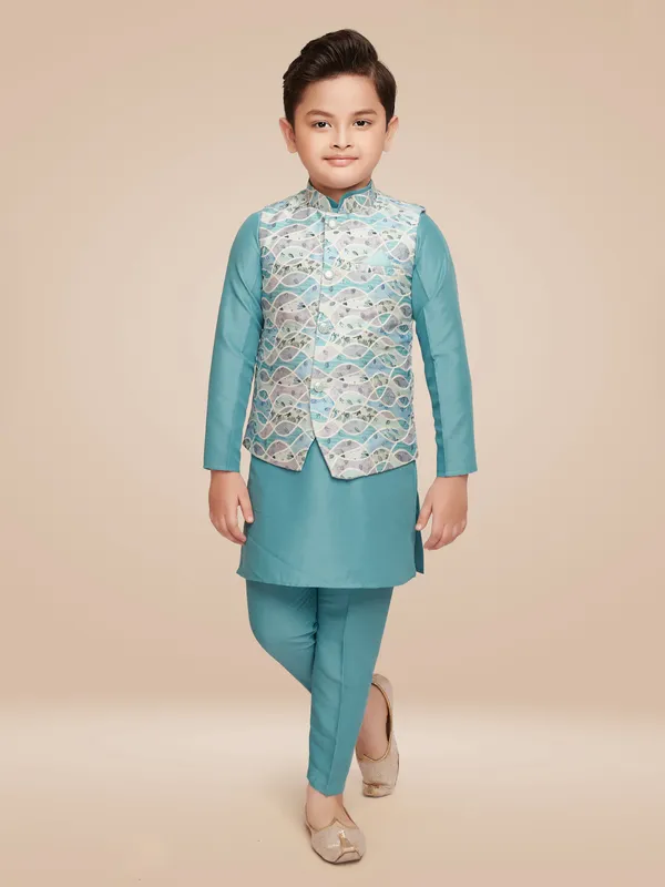 Trendy aqua silk printed waistcoat set