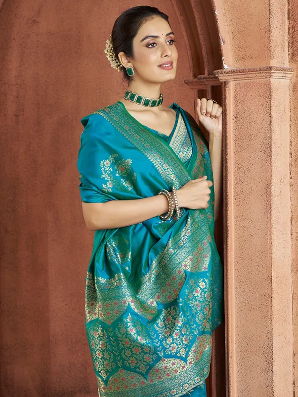 Trendy aqua silk saree for wedding