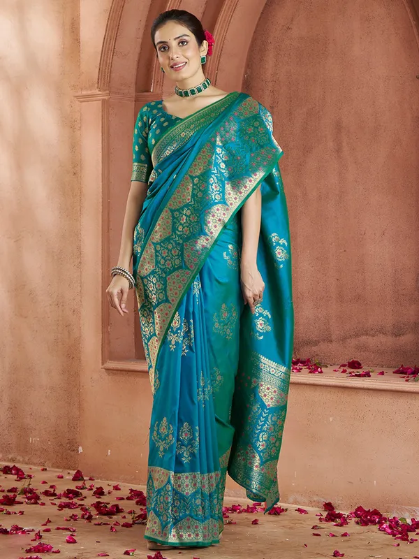 Trendy aqua silk saree for wedding
