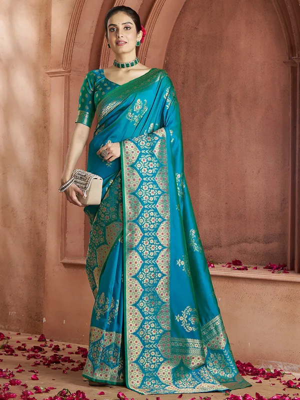 Trendy aqua silk saree for wedding