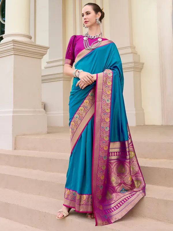 Trendy aqua soft silk saree for festive