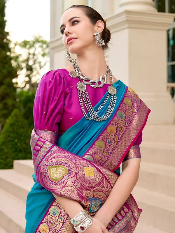 Trendy aqua soft silk saree for festive