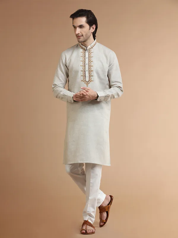 Trendy beige linen  Men Kurta pajama