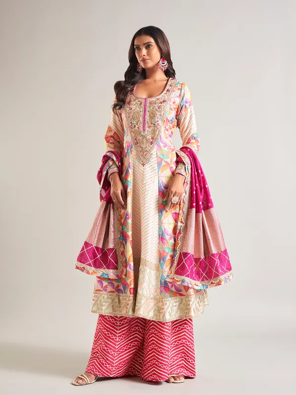 Trendy beige cotton silk palazzo salwar suit