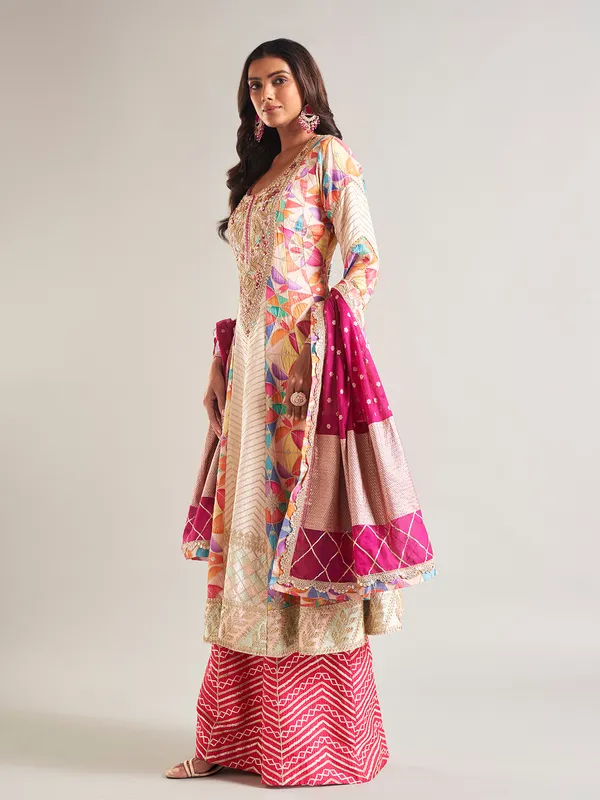 Trendy beige cotton silk palazzo salwar suit