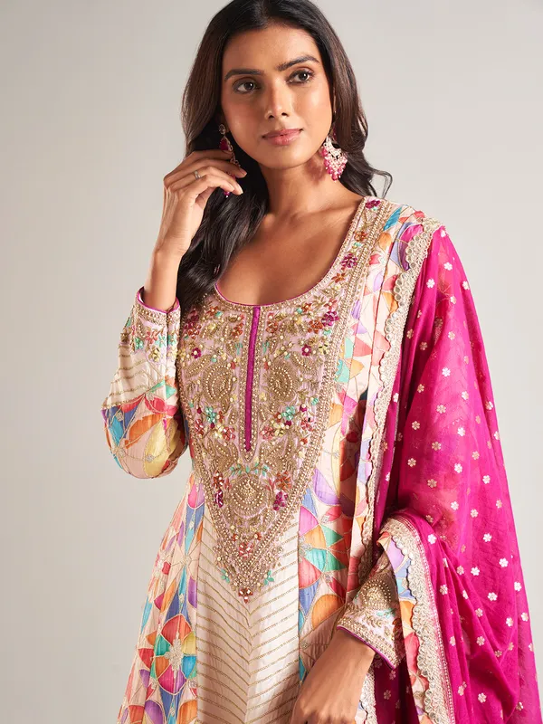 Trendy beige cotton silk palazzo salwar suit