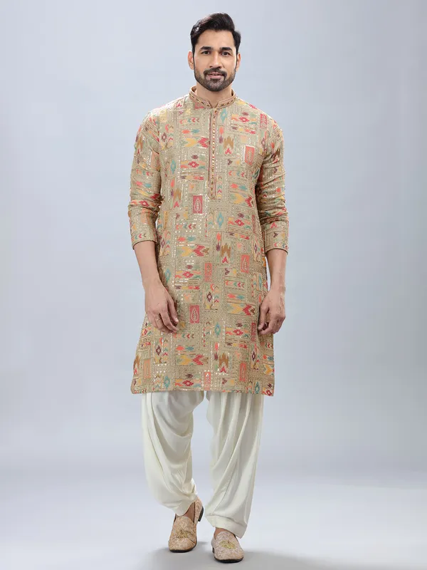 Trendy beige georgette kurta set with matching patiyala