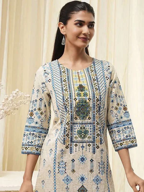 Trendy beige printed cotton silk kurti