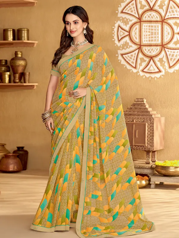 Trendy beige printed georgette saree