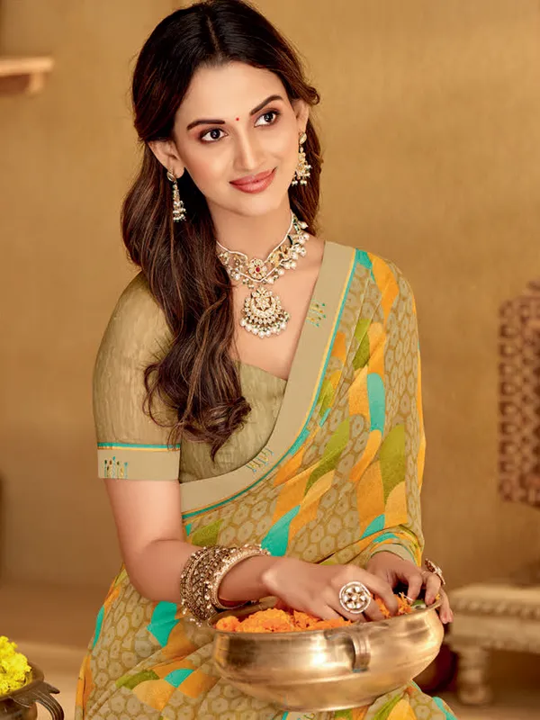 Trendy beige printed georgette saree