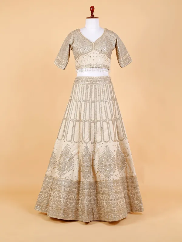 Trendy beige raw silk lehenga choli