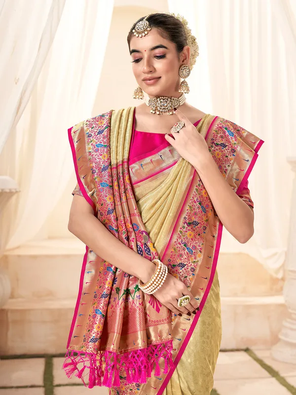 Trendy beige tissue silk printed saree