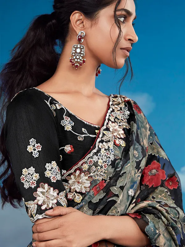 Trendy black embroidery braso saree