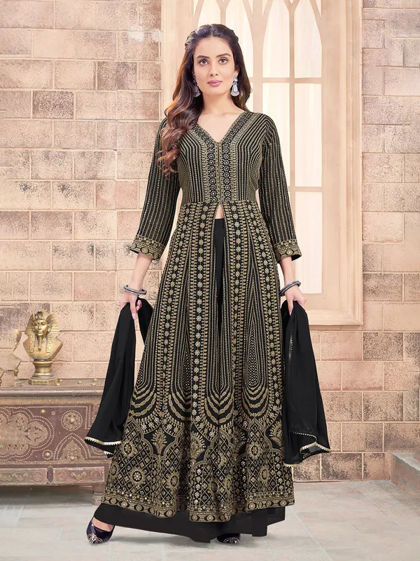 Trendy black georgette front slit palazzo suit