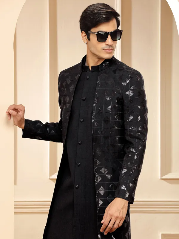 Trendy black indowestern in silk