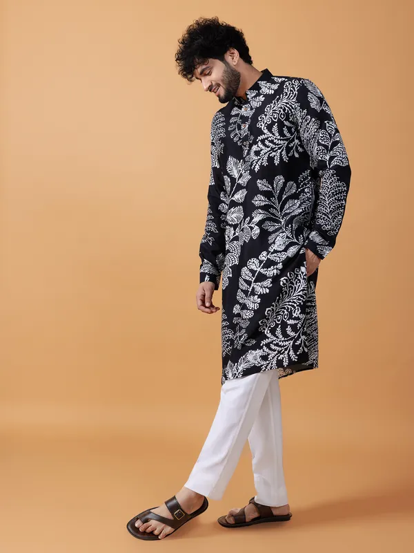 Trendy black printed kurta suit in cotton