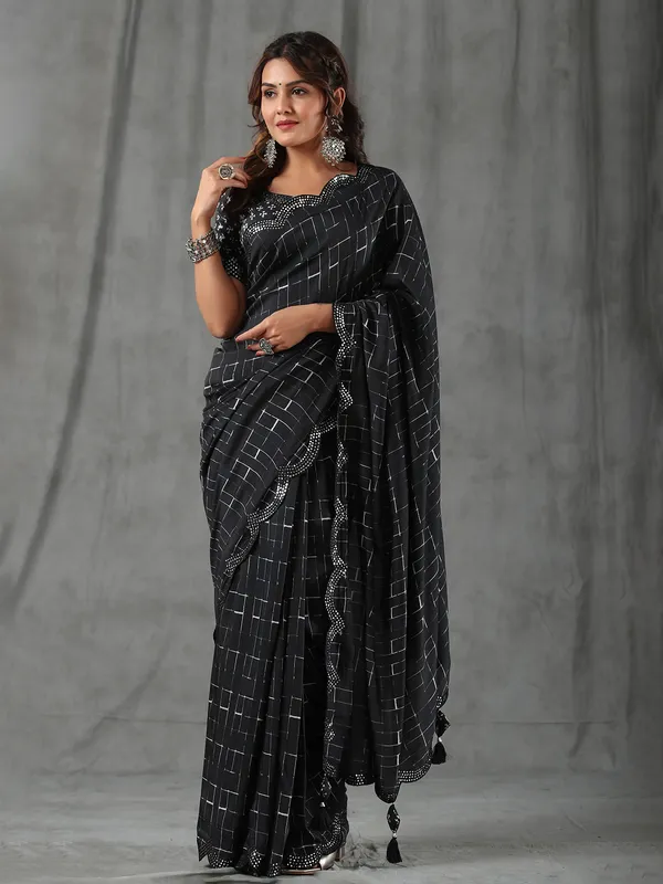 Trendy black printed muslin silk saree