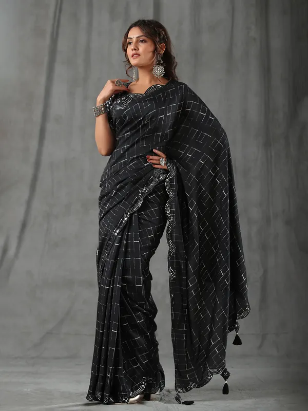 Trendy black printed muslin silk saree