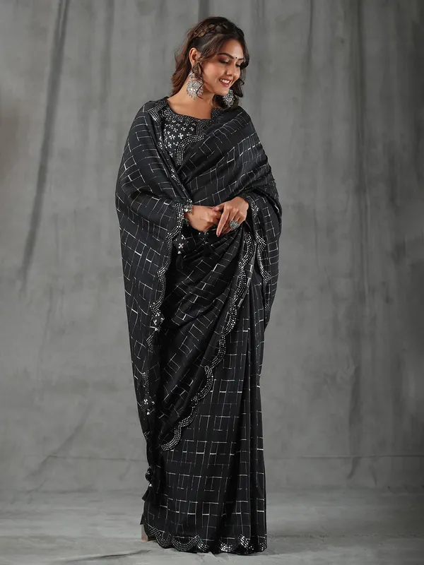 Trendy black printed muslin silk saree