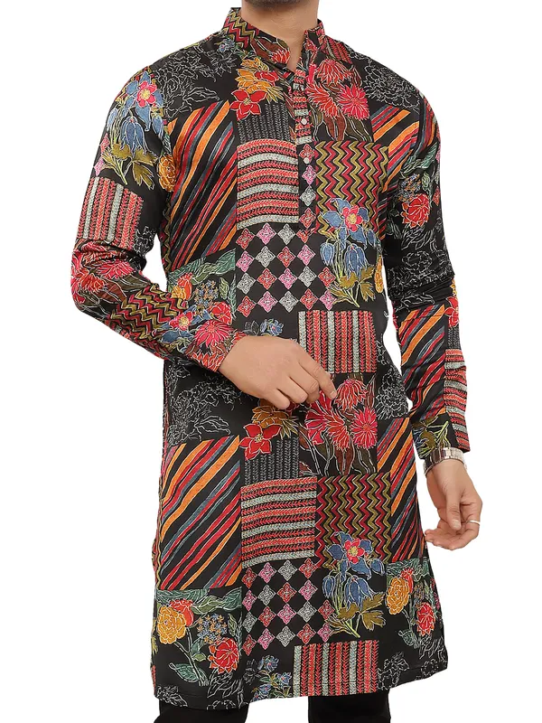Trendy black printed silk kurta