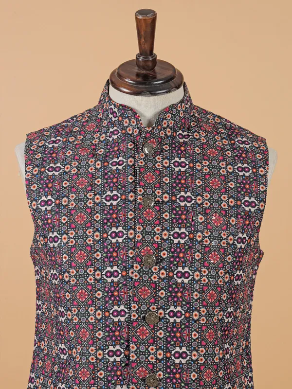 Trendy black printed silk waistcoat