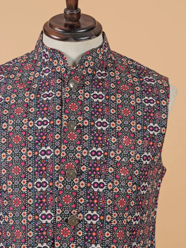 Trendy black printed silk waistcoat