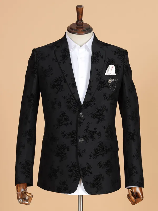 Trendy black printed terry rayon blazer