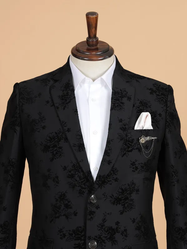 Trendy black printed terry rayon blazer
