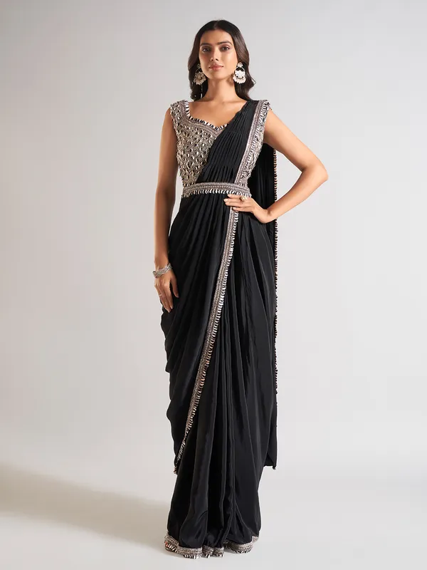 Trendy black saree in satin silk
