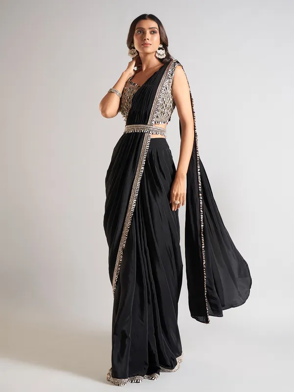Trendy black saree in satin silk