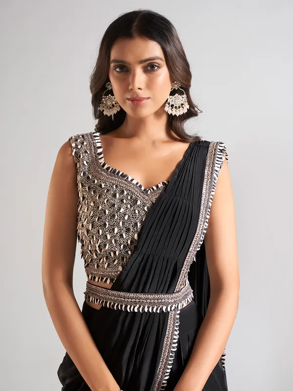 Trendy black saree in satin silk
