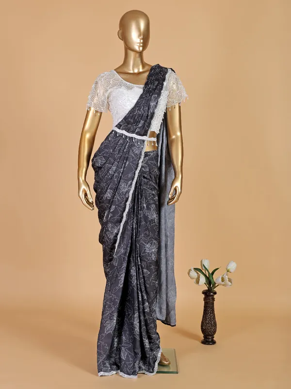 Trendy black silk pre stitched saree