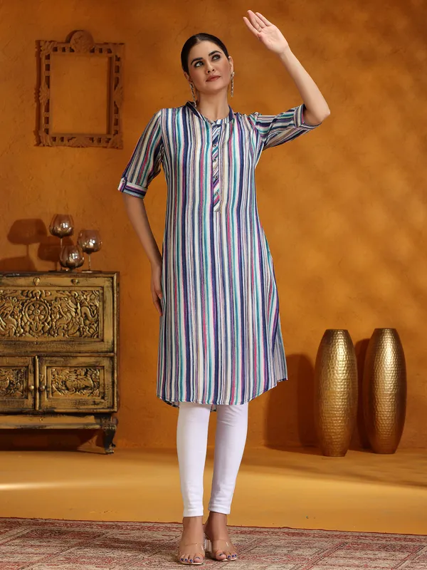 Trendy blue casual silk printed kurti