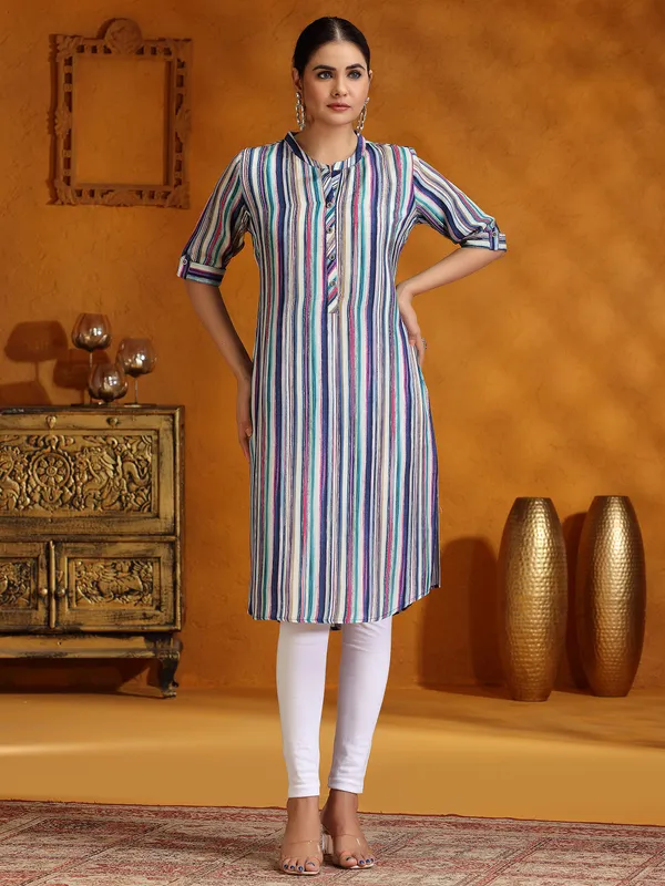 Trendy blue casual silk printed kurti