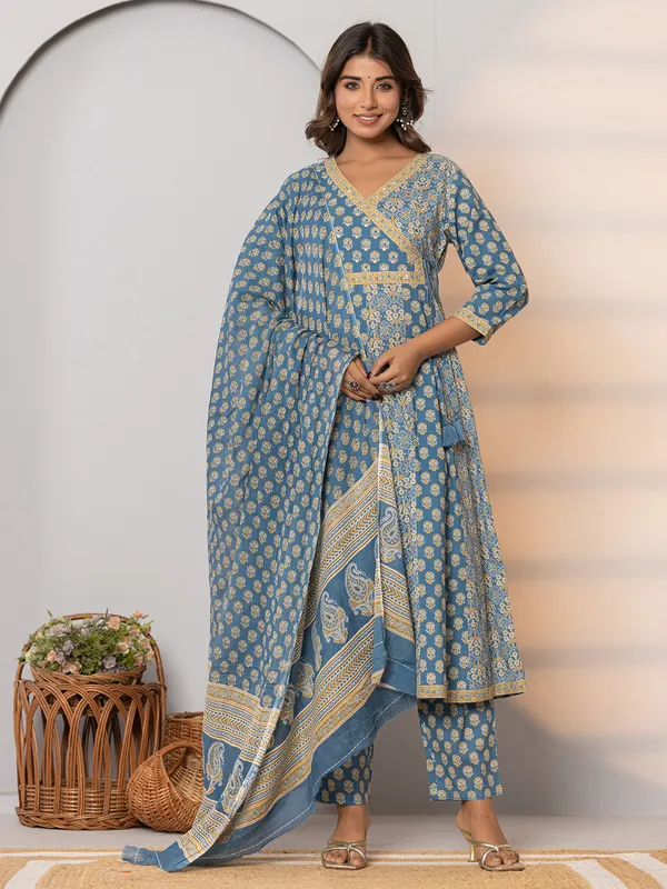 Trendy blue cotton printed kurti set