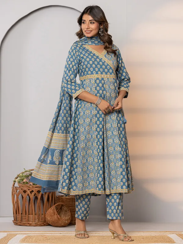 Trendy blue cotton printed kurti set