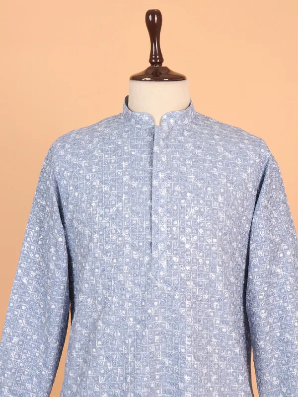 Trendy blue cotton silk kurta suit for men