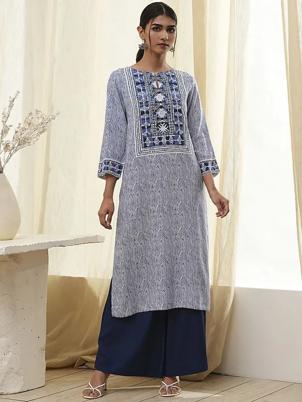 Trendy blue printed cotton silk kurti