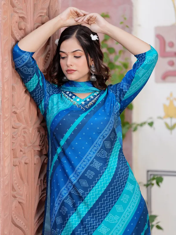 Trendy blue printed kurti set in silk