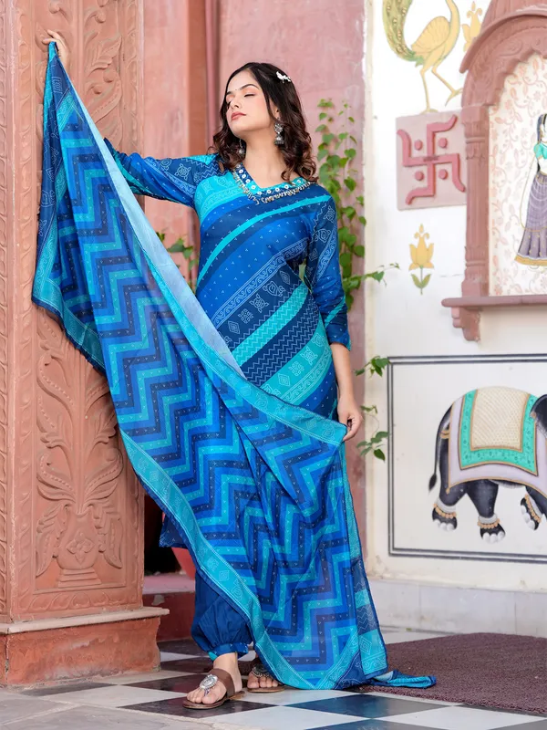Trendy blue printed kurti set in silk