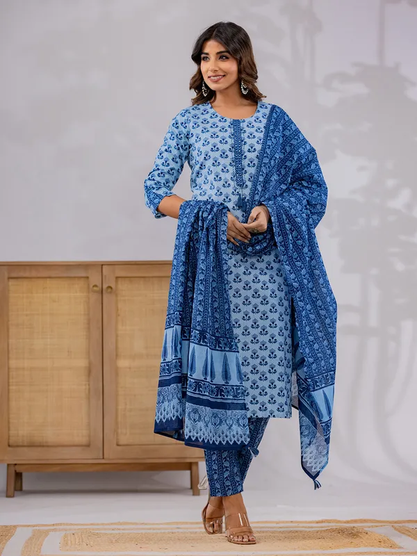 Trendy blue printed kurti set with dupatta