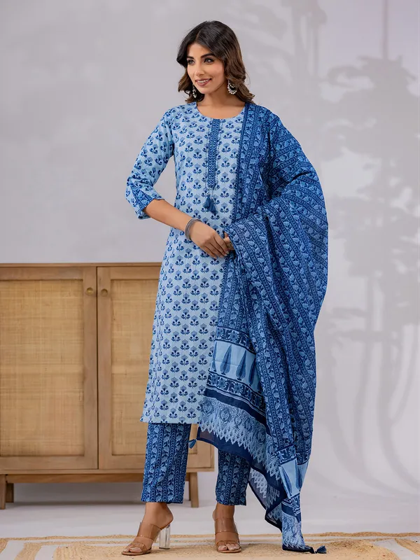 Trendy blue printed kurti set with dupatta