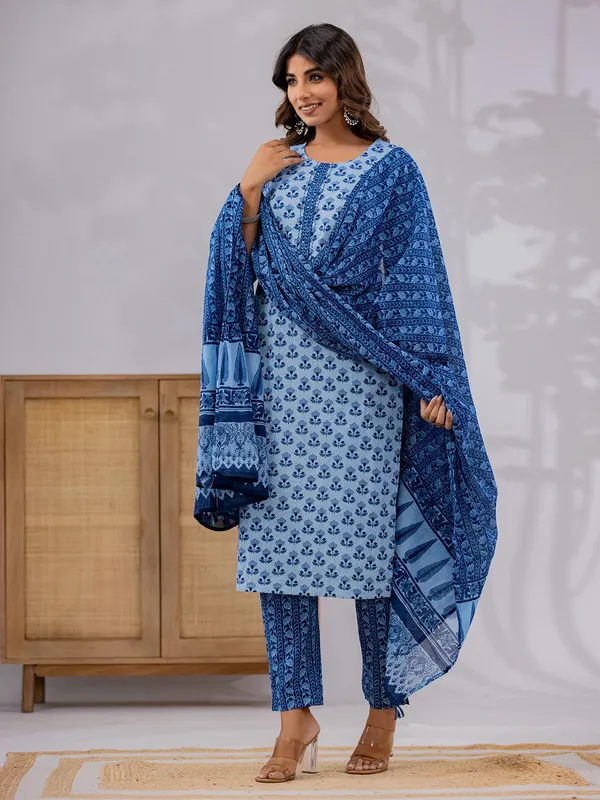 Trendy blue printed kurti set with dupatta
