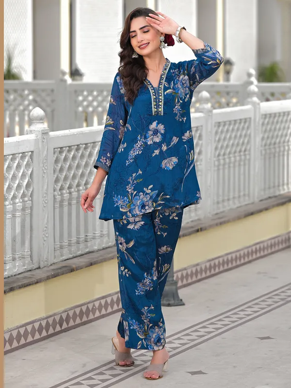 Trendy blue printed silk kurti set